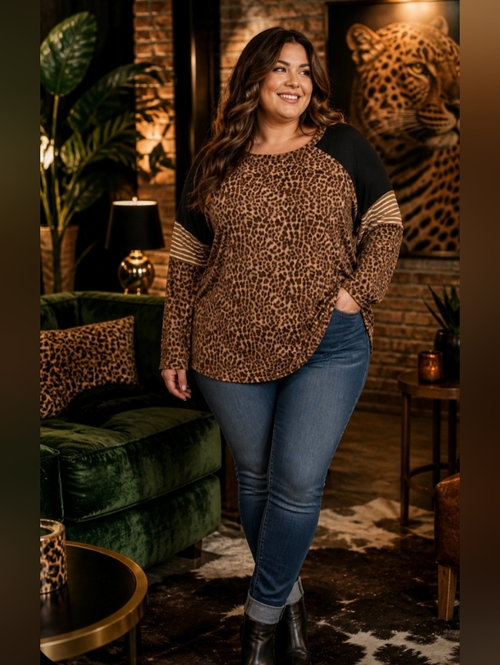 Lovely Melody BellanBlue Brown Black Leopard Print Raglan Top NWT Large